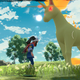 A screenshot from Pokémon Legends: Arceus showing a large, angry fire horse standing over a much smaller player.